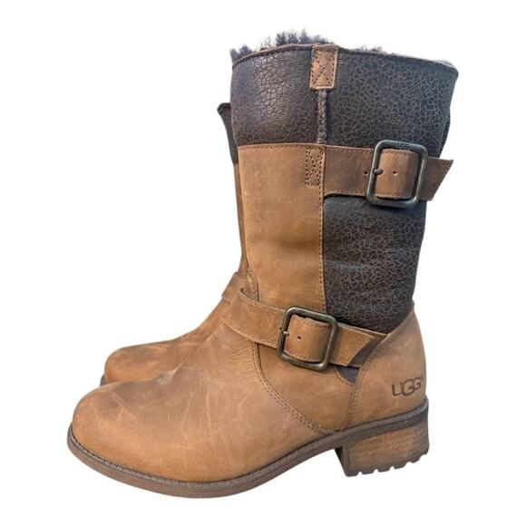 UGG Oregon Shearling Moto Buckle Stout Brown Boot Women size 7 - Picture 1 of 10